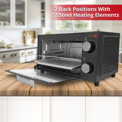 4-Slice Countertop Toaster Oven with Baking Tray, Bake Toast Cook and Broil, Temperature Control, 60 Minute Timer Knob, Automatic Shutoff, Baking Tray and Crumb Tray Included, Black4