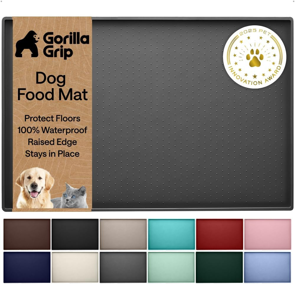 gorilla-grip-100-waterproof-raised-edge-bpa-free-silicone-pet-feeding-mat-dog-cat-food-mats-contain-spills-protects-floors-placemats-for-cats-and-dogs-water-bowl-18-5x11-5-gray