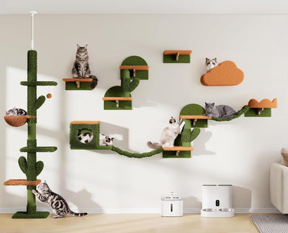 9-In-1 Cat Wall Shelves, Cat Wall Furniture Set with Bridge, Beige | Wall Mounted Cats Shelf for Space-Saving, Multi-Level Cat Climbing Systems for 16 Inch Drywall, with Scratching Posts, Condos19