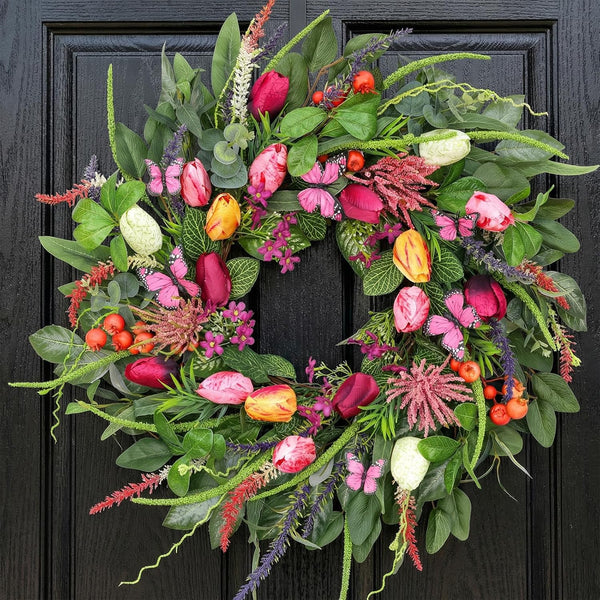 Wreaths for Front Door 24 Inch Artificial Spring Wreath with Tulip,Roses,Eucalyptus Leaf, Berry, Butterflies,Summer Wreath for Home Wall Porch Window Easter Year-Round Indoor/Outdoor Decor1