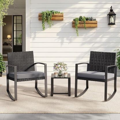 3 Pieces Patio Furniture Set Rocking Bistro Set Outdoor Rattan Conversation with Coffee Table for Garden Balcony Backyard Poolside (Grey Cushion)6