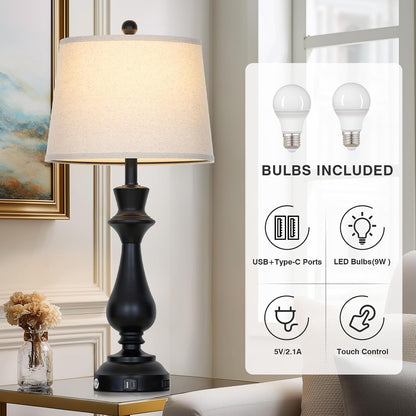 Modern Black Table Lamps Set of 2 for Living Room,30" Tall Bedside Lamp with USB Charging Port,3-Way Dimmable Touch Nightstand Lamp for Bedroom Desk Side Table Office,Black3