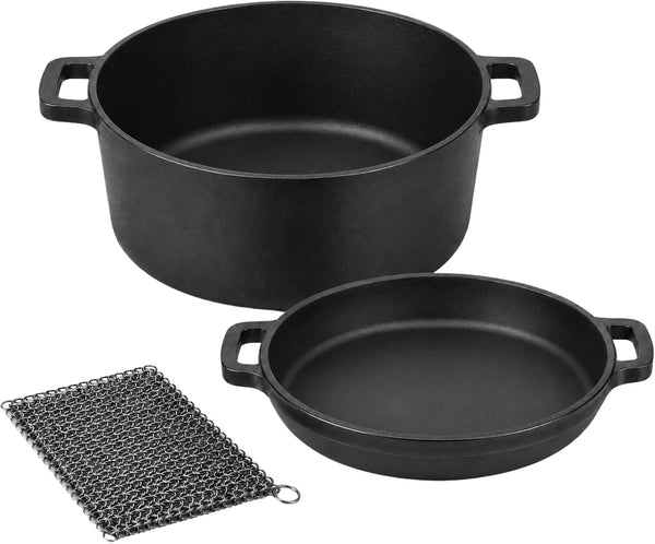 Cast Iron Dutch Oven Pot (4.8L) with Lid (1.2L) & Cleaning Scrubber, Heavy-Duty Dish for Casserole and Sourdough Bread. Pre-Seasoned Cast Iron Pot with Skillet Lid for Roasting to Frying, Oven Safe1