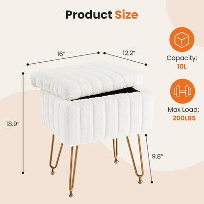Vanity Stool Chair with Storage, Ottoman Faux Fur Soft Padded Makeup Footstools Seat with 4 Metal Legs Anti-Slip Adjustable Feet Modern Cute Small Footrest for Home Entryway Bedroom White3
