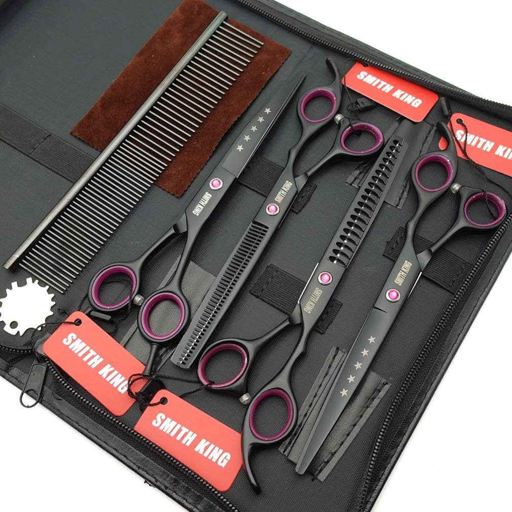 7-0-inches-professional-dog-grooming-scissors-set-straight-thinning-curved-chunkers-4pcs-in-1-set-with-comb