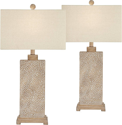Caldwell 26 3/4" Tall Table Lamps Set of 2 Hammered Base Farmhouse Rustic | Faux Wood Earth Bedroom Living Room House Home Bedside Nightstand Office Family Oatmeal Rectangular Shade2