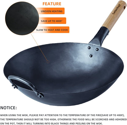 14 Inch Carbon Steel Wok with round Bottom-Free Chemical Cookware for Gas Stoves, Open Fire-Hand Hammered Chinese Traditional Wok with Bamboo Handle(No Lid Included)4