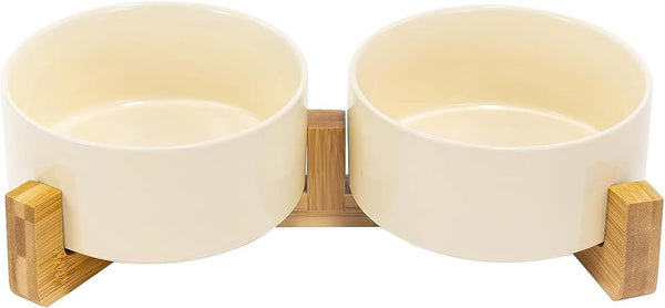 SPUNKYJUNKY Ceramic Dog and Cat Bowl with Wood Stand Non-Slip Matte Glaze Weighted Food Water Set for Cats &Small Dogs 13.5OZ13
