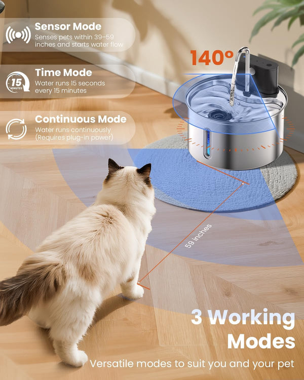 Cat Water Fountain Wireless Stainless Steel with Sensor 3.5L/118Oz Battery Operated Rechargeable Automatic Water Dispenser Quiet Pump for Drinking Indoor, Easy Clean for Cats Dogs Pets4