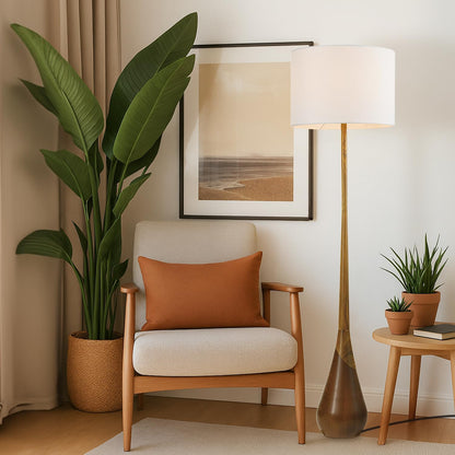 Novogratz X Globe Harrington 65" Floor Lamp, 2-Tone Faux Wood Base, White Fabric Shade, Socket Rotary Switch 672252