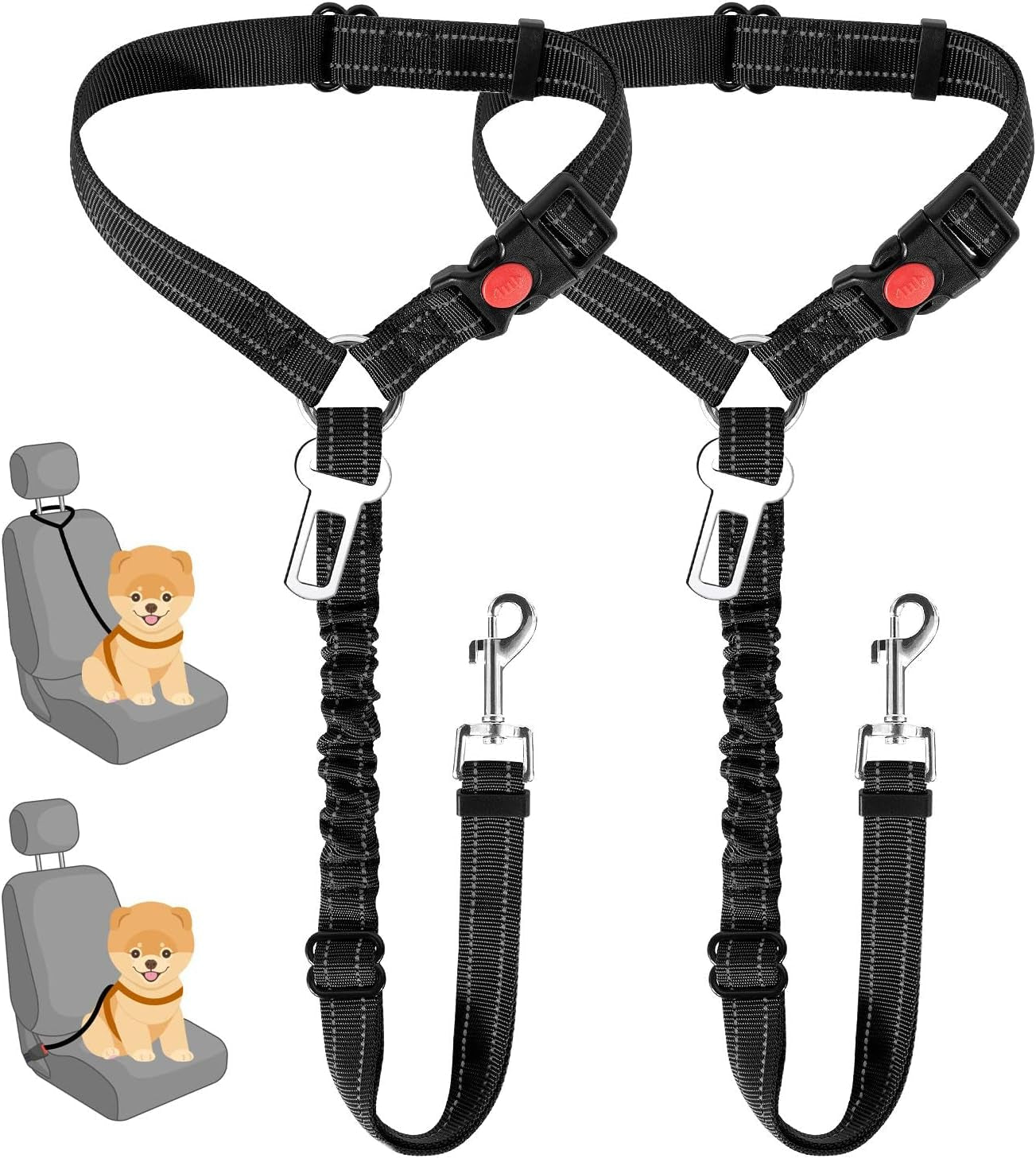 slowton-dog-seat-belt-for-car-2-pack-dog-car-harness-seatbelt-adjustable-with-elastic-bungee-buffer-2-in-1-pet-car-leash-headrest-restraint-dog-reflective-safety-tether-black-headrest-clip