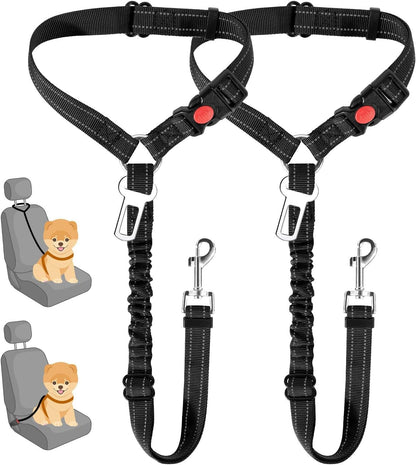 Slowton Dog Seat Belt for Car, 2 Pack Dog Car Harness Seatbelt Adjustable with Elastic Bungee Buffer, 2 in 1 Pet Car Leash Headrest Restraint Dog Reflective Safety Tether (Black, Headrest+Clip)19