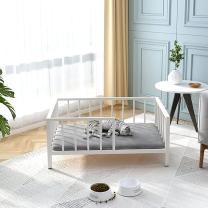 OSCHF Dog Bed with Rails - Elevated Pet Metal Bed Frame with Solid Wood Board and Washable Soft Mat for Medium Dog Indoor or Outdoor Use, 25.2" X 37.8", White4