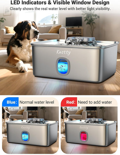 Kastty 4 Gal/15L Stainless Steel Dog Water Fountain for Large Dogs | Dog Water Bowl Dispenser Triple Filtration,Ultra Quiet Automatic Pet Water Fountain with Water Level Window&Led Light(Fs76)5