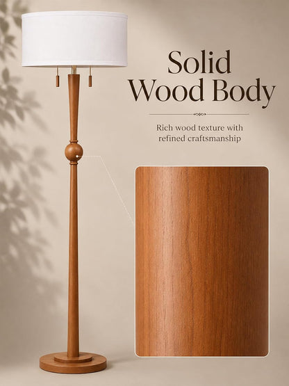 Solid Wood Floor Lamp for Living Room,Pull Chains Standing Lamp | 62.8" Tall,17" White Drum Shade,Sculptural Wood Base & Stem,2-Light Design,Standing Lamp for Bedroom,2 Bulbs Included5
