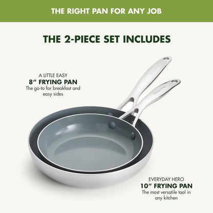 Valencia Pro Tri-Ply Stainless Steel 8” & 10” Frying Pan Skillet Set, Pfas-Free Ceramic Nonstick Coating, Induction Ready Cookware, All Cooktops, Eggs & Omelets, Dishwasher & Oven Safe 600F3