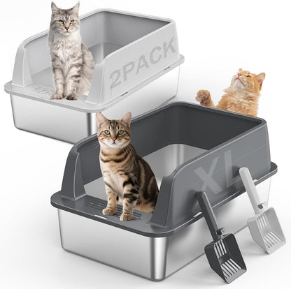 2PACK Stainless Steel Litter Box, Extra Large Litter Boxes for Big Cats, XL Metal Cat Litter Box with Lid High Sides, Anti-Urine Leakage, Non-Sticky, Scoop Included9