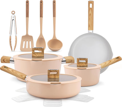 Ceramic Cookware Set with Cooking Utensils - 14-Piece Nonstick Cookware Set with Glass Lids, Compatible with All Cooktops, Heat-Resistant Handles and Stylish Finish (Pink)1