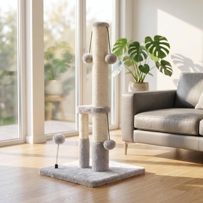 Dimaka Tall Cat Scratching Post, Double Lower Posts Extra Stable Cat Post Tree Scratcher with Sisal Rope and Teasing 4 Balls Total Large Base (Grey)9