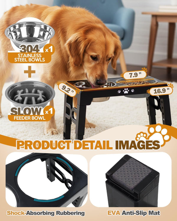Jovrun Elevated Dog Bowls for Medium Large Size Dogs, Non-Slip Dog Feeder with 1*Stainless Steel Dishes & 1*Slow Feeder Bowl, 5 Heights Adjustable Raised Bowls to 3.15″-8.66″-9.84″-11.02″-12.2″4