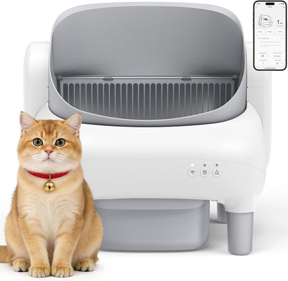 Automatic Cat Litter Box,Self Cleaning Litter Box for Multiple Cats with Open Top Design,App Control and Safety Protection,Ultra-Quiet,Easy Setup,Light Gray1
