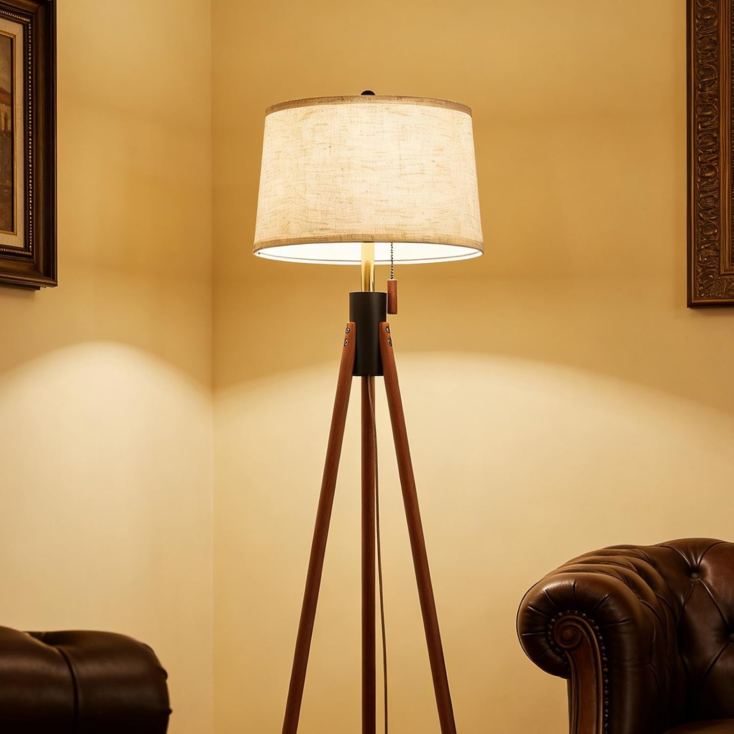 mid-century-tripod-floor-lamp-with-pull-chain-black-gold-finish-two-tone-solid-wood-design-linen-tapered-drum-shade-tall-standing-lamp-for-living-room-bedroom-reading-corner-bulb-included