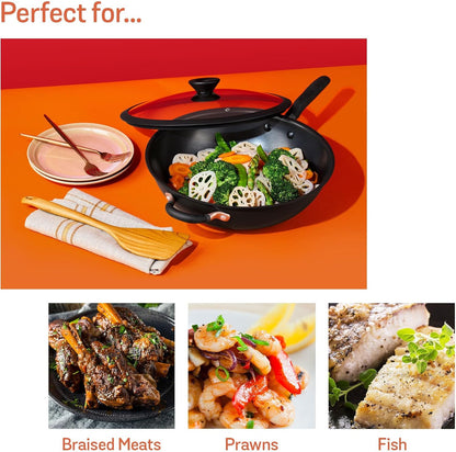 Nonstick Wok with Glass Lid | 12.5" Induction Compatible Stir Fry Pan | Hard Anodized | Dishwasher Safe | Oven Safe | Matte Black with Silicone Handles | Accent Series Cookware | 12.5Inch/32Cm2