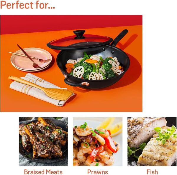 Nonstick Wok with Glass Lid | 12.5" Induction Compatible Stir Fry Pan | Hard Anodized | Dishwasher Safe | Oven Safe | Matte Black with Silicone Handles | Accent Series Cookware | 12.5Inch/32Cm2