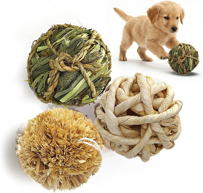 Dog Chew Toys, 3Pcs Woven Grass Chew Ball for Dogs, Dental Teething & Interactive Fetch Toys, Outdoor Digestible Chew Ball for Boredom Relief - Seaweed & Timothy Hay, Cornsilk, Cornleaf1