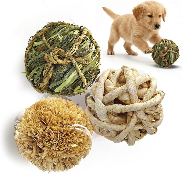 Dog Chew Toys, 3Pcs Woven Grass Chew Ball for Dogs, Dental Teething & Interactive Fetch Toys, Outdoor Digestible Chew Ball for Boredom Relief - Seaweed & Timothy Hay, Cornsilk, Cornleaf1