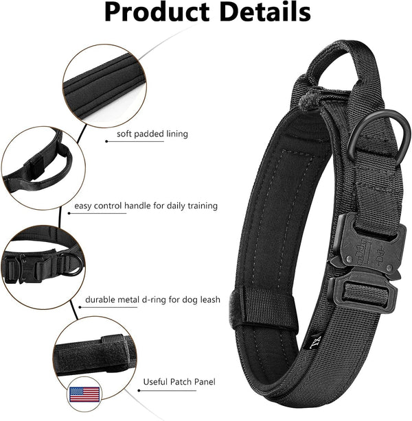 DAGANXI Tactical Dog Collar, Adjustable Military Training Nylon Dog Collar with Control Handle and Heavy Metal Buckle for Medium and Large Dogs, with Patches and Airtags Case (L, Black)4