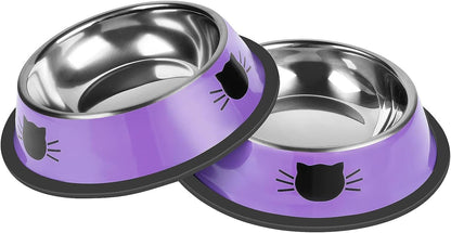 Serentive 2 Pcs Non-Slip Stainless Steel Small Cat Food Bowls - Unbreakable, Thicken 7 Oz Cat Dishes - Indoor, Removable Rubber Base, Easily Clean, Lovely Color16