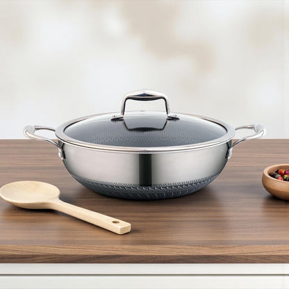 Stainless Steel Wok 32 Cm/6.5 L with Glass Lid – Kadai with Two Ear Handles – Hybrid Honeycomb Nonstick, Pfoa-Free, EU Approved – Stay-Cool Handles – Induction, Oven & Dishwasher Safe Cookware7