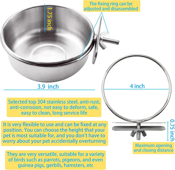 3 Pack Bird Feeding Bowls Cups Parrot Food Water Dishes, Stainless Steel Bird Bowl Cup Dish with Clamp, Birdcage Feeder Pet Cage Bowls for Cockatiel Budgie Conure Macaw Parakeet Small Animal2