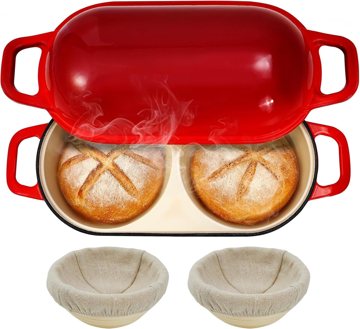 mini-double-dutch-oven-for-sourdough-bread-baking-enameled-cast-iron-bread-pan-with-lid-500-f-oven-safe-non-stick-dual-round-loaf-space-6inch-diameter-bake-two-different-loaves-at-once-includes-2-5-banneton-proofing-baskets-red