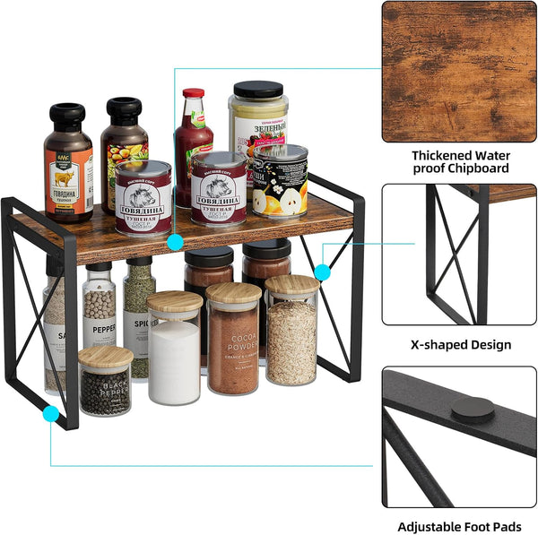 Countertop Shelf Organizer, Cupboard Stand Spice Rack, Retro Style Cabinet Shelf for Pantry, Kitchen, Bathroom, Reading Room, Bedroom to save Space (7.8" D X 15.7" W X 9.4" H, Rustic Brown)2