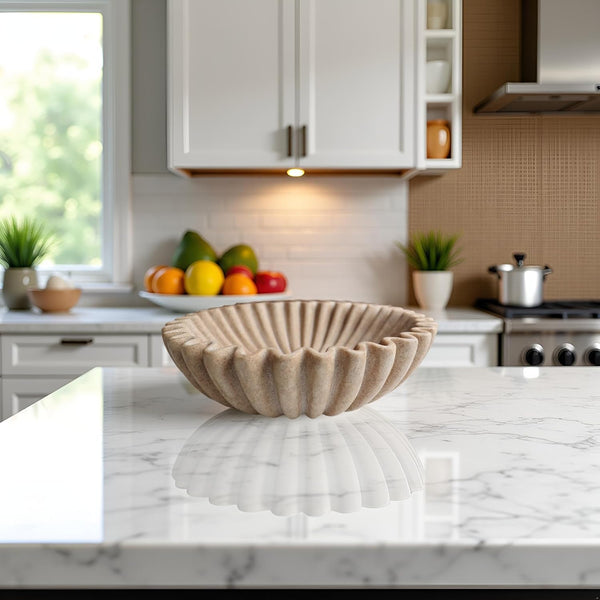 10" Large Decorative Bowl Decor, Scalloped Bowls for Modern Home Decor,Ruffle Decor,Stylish Key Bowl for Entry Table,Decorative Fruit Bowl for Kitchen Counter,Artificial Stone Beige9