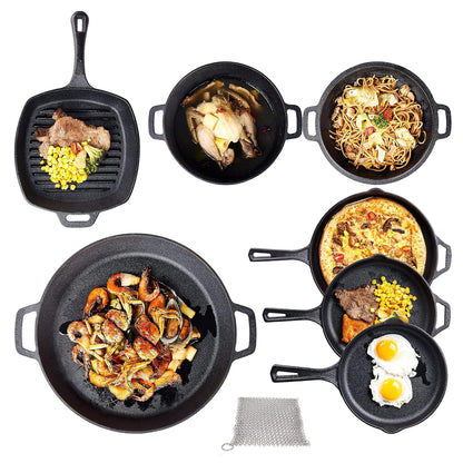 8 Piece Cast Iron Cookware Set - Pre-Seasoned Pots and Pans Set with Cast Iron Skillets, Grill Pan, Dutch Oven, Pizza Pan, and Scrubber - Heavy Duty Cooking for Home Kitchen or Camping6