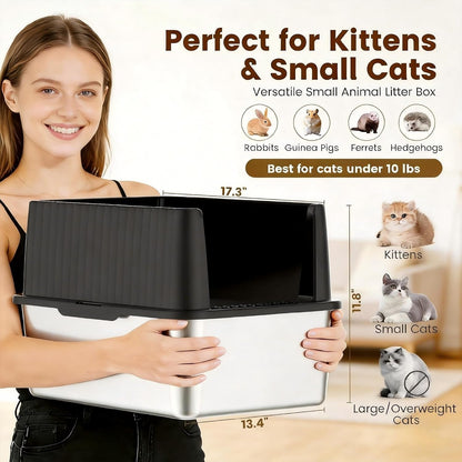 Stainless Steel Cat Litter Box, 11.8" High Sides for Litter Scatter & Urine Spray Control, Easy to Clean Non-Stick Litter Pan, Low Entry for Kittens, Small Cats, Compact Space-Saving Design2