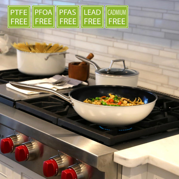 Techef Collection | Ceramic Nonstick Flat Bottom Wok Stir Fry Pan, Nontoxic - Free of PFAS, PFOA, PTFE (Wok 12")3
