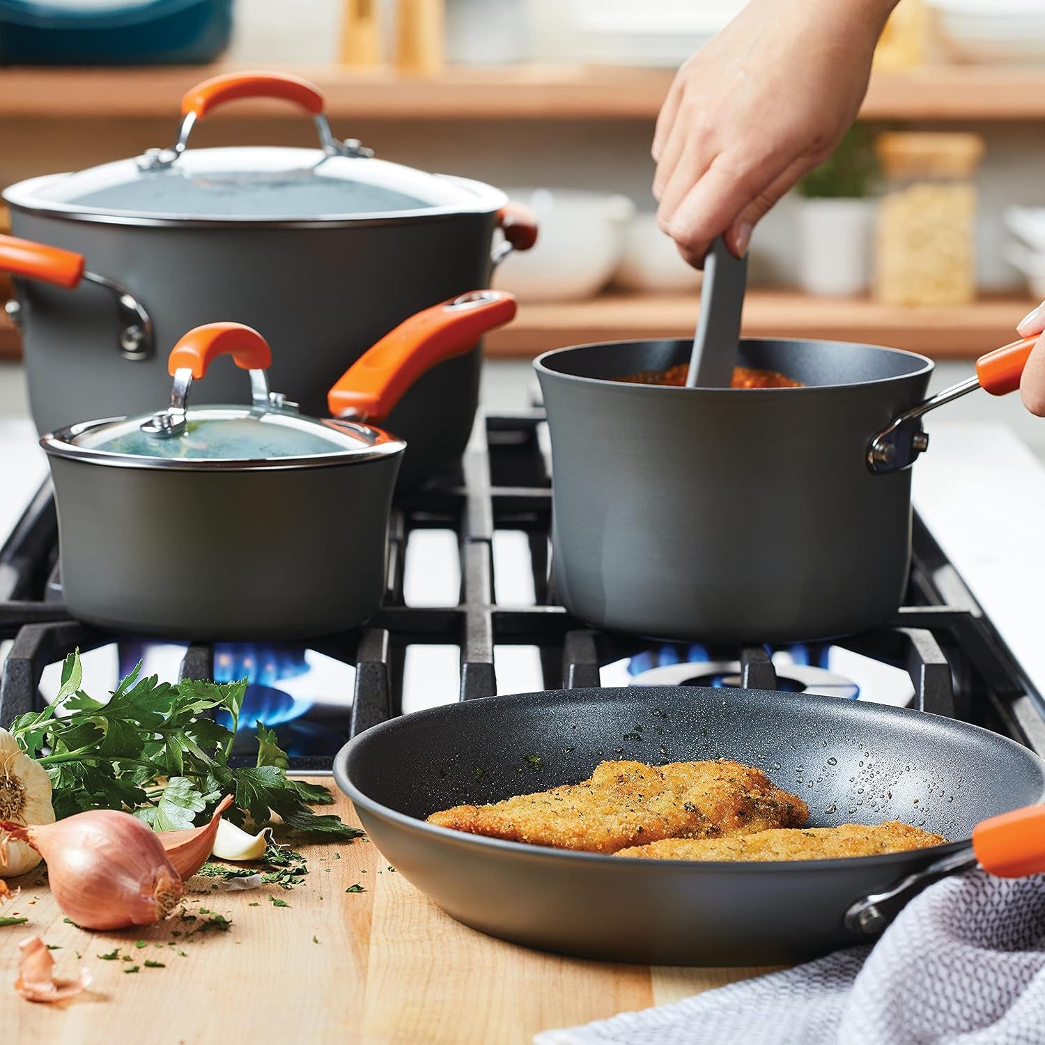 brights-hard-anodized-aluminum-nonstick-cookware-set-with-glass-lids-10-piece-pot-and-pan-set-gray-with-orange-handles