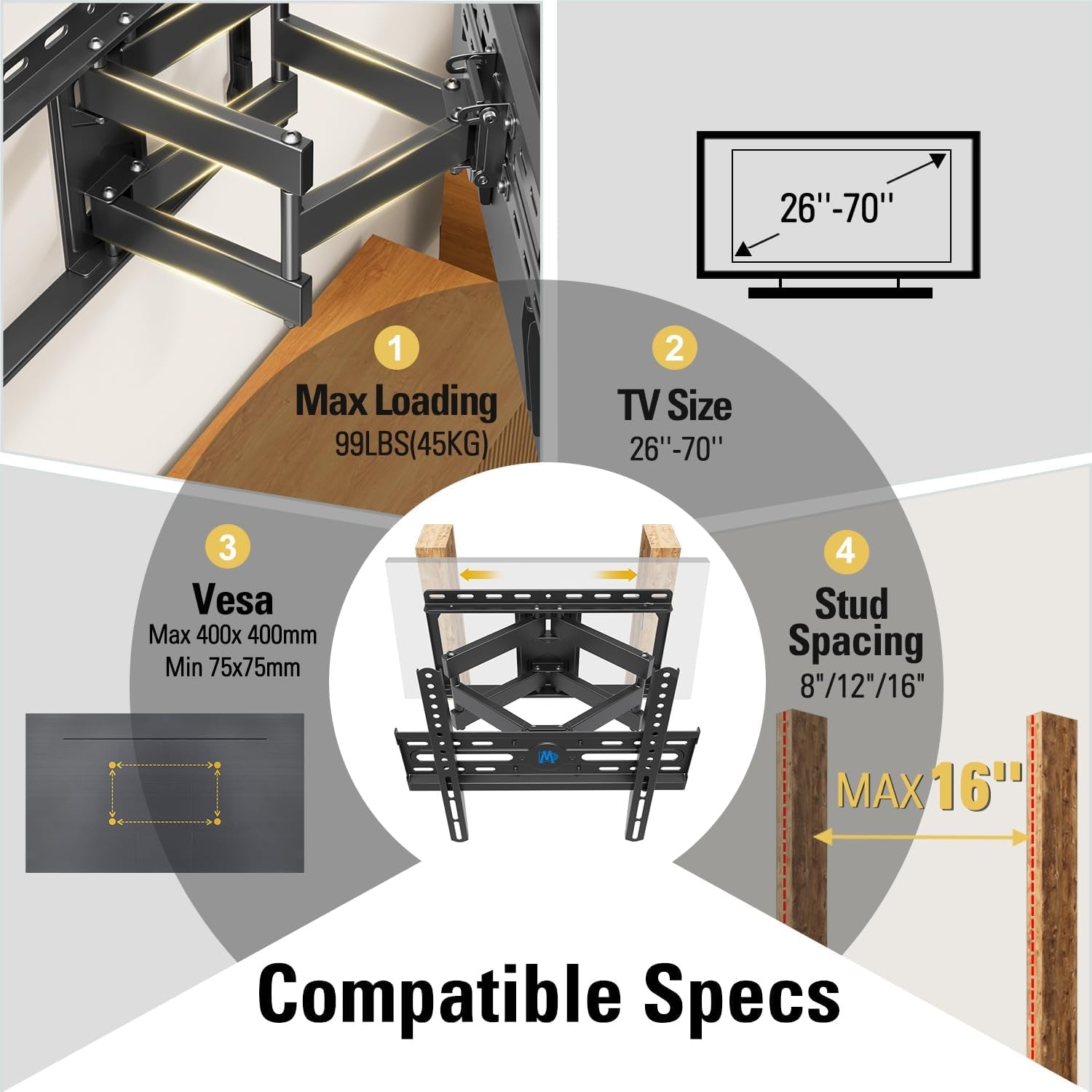 full-motion-tv-wall-mount-for-32-70-inch-tvs-up-to-99lbs-mount-bracket-with-swivel-and-tilt-tv-bracket-with-articulating-dual-arms-fits-16-studs-max-vesa-400x400-mm-md2380