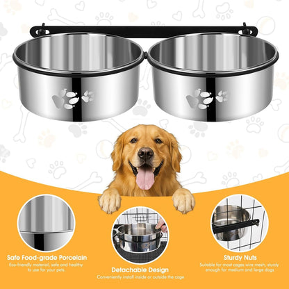 Yummy Sam Hanging Pet Dog Food Water Bowl for Cage, Stainless Steel Non-Spill Kennel Bowls with Clamp Holder Crate Feeder Dish for Medium Large Dogs Pets (Silver, L (44 OZ+44 OZ))5