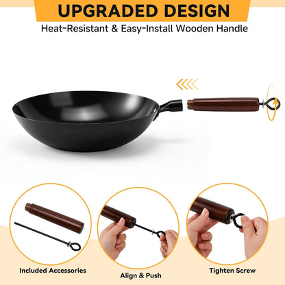 12” Carbon Steel Wok Pan with Lid, Woks & Stir-Fry Pans Nonstick, Pre-Seasoned Flat Bottom Wok for Induction Cooktop, Gas, Electric Stove, Halogen, BBQ & Camping, Open Fire7