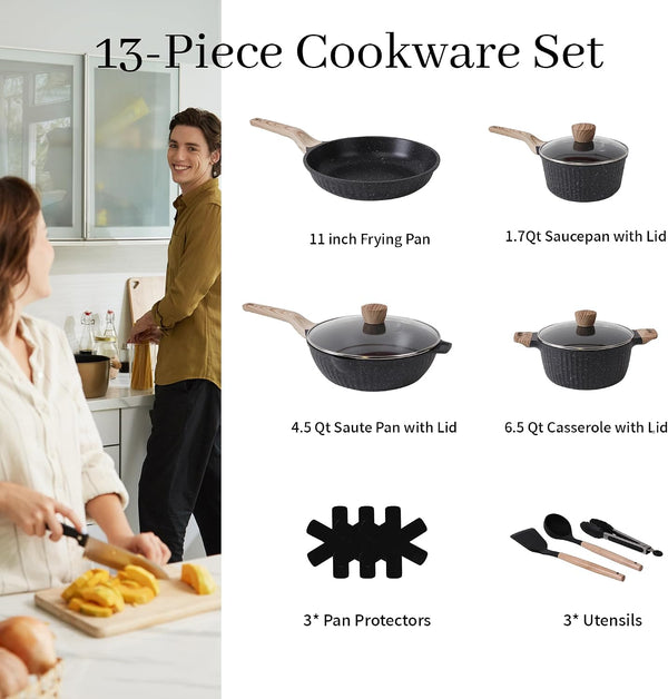 Pots and Pans Set Non Stick, 13Pcs Kitchen Cookware Sets, Granite Stone Induction Cookware Non Stick Cooking Set W/Frying Pans, Saucepans, Sauté Pan (PFOA Free), Black2