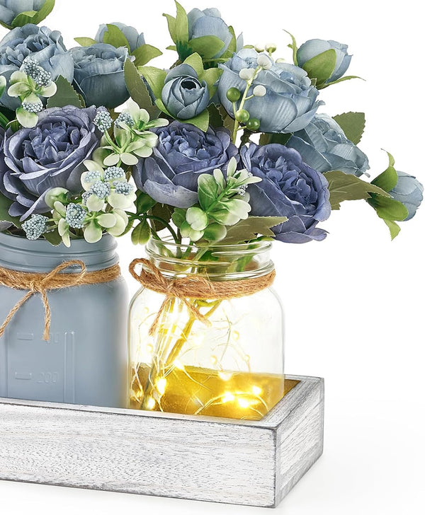Mason Jar Lights Centerpieces for Tables Dining Room Farmhouse Decor | Warm Glow, Blue Artificial Flowers, Wood Tray, Coffee Table Decor, Kitchen Living Room Wedding Indoor Outdoor Decoration6