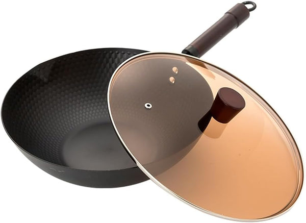 Cast Iron Wok, Frying Pan, Chinese Wok, Flat Bottom Cookware, Non-Stick Easy to Clean for Frying, Stir-Frying, Cooking, Pfoa-Free, Dishwasher Safe Compatible with All Kitchen (12.59-In)1
