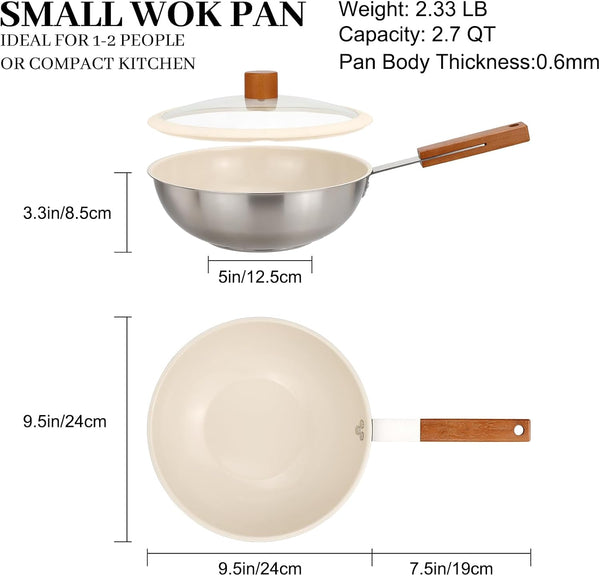 Ceramic Wok with Lid, 9.5 Inch Stainless Steel Nonstick Stir Fry Pan with Wooden Handle, Compatible with All Stovetops, PFAS Free2