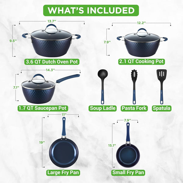 11-Piece Kitchen Cookware Set, Non-Stick Pots and Pans, Easy-To-Clean, Kitchen Utensils Set with Ceramic Coating for Home Cooking, Induction Safe, Diamond Pattern3