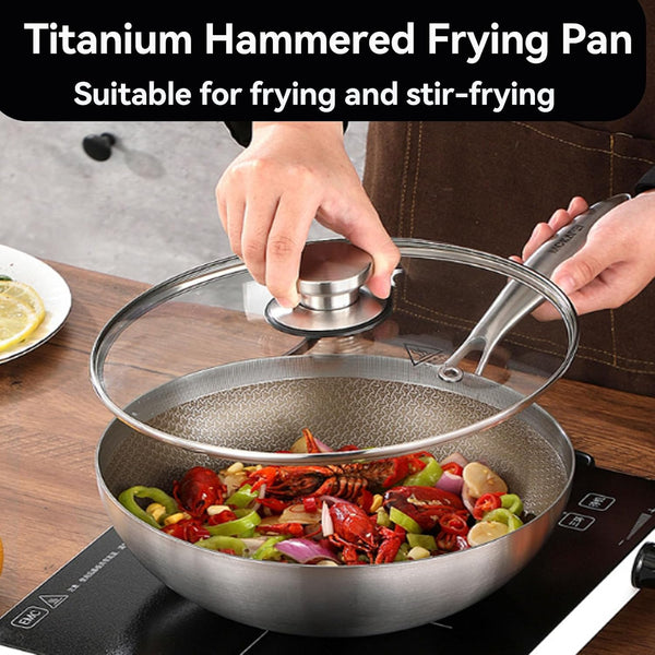 Titanium Wok for Cooking, Titanium Frying Pans, Multifunctional Ultra-Durable Scratch-Resistant Non Stick Even Heating Titanium Wok for Cooking,Includes Lid,9.44In7